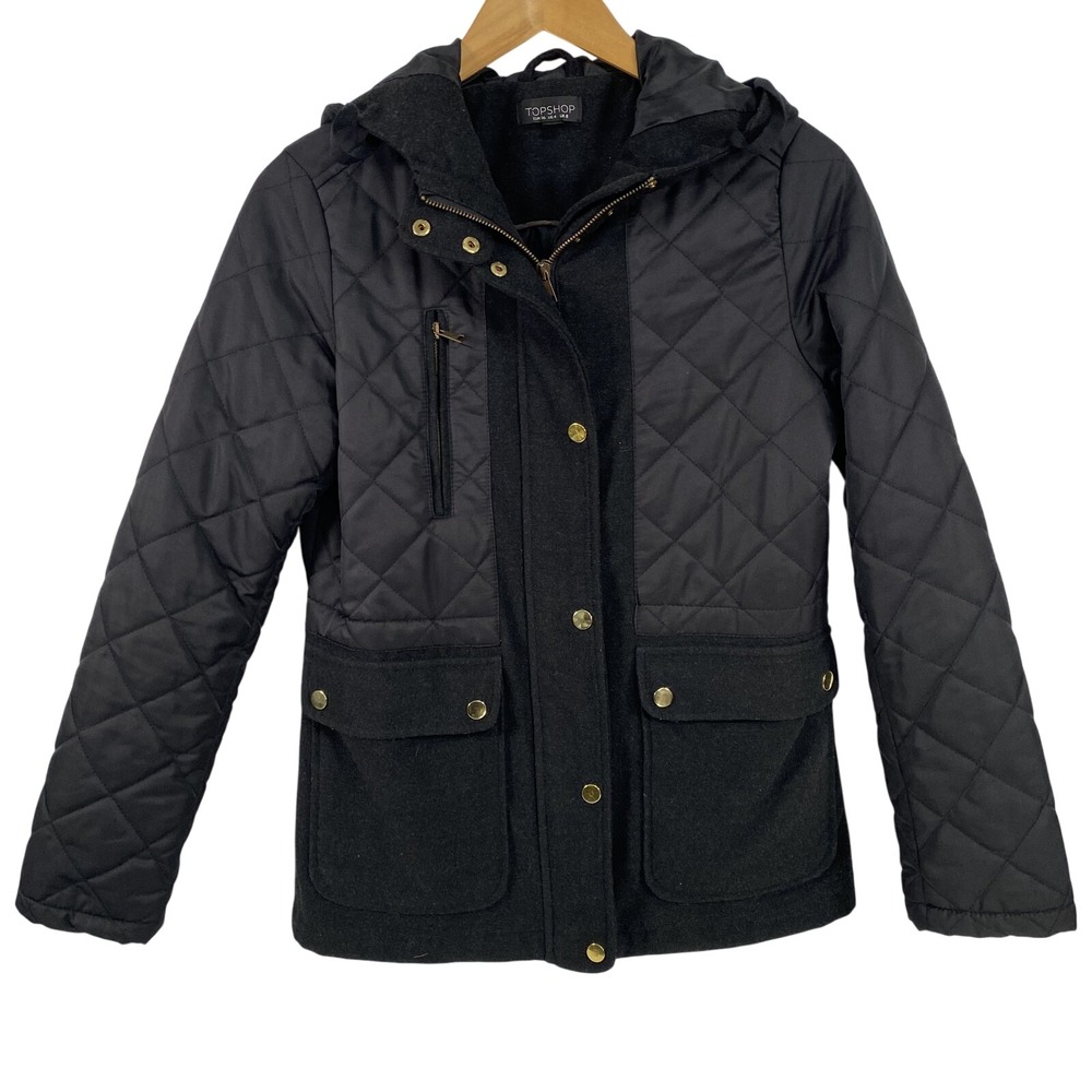 Topshop Jacket Womens sz 4 Black Quilted Hooded‎ Full Zip Snap Pockets Zip Coat